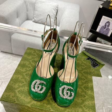 HIGH SANDAL SQUARE HEEL 12 CM IN DARK GREEN CALFSKIN