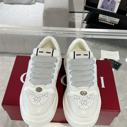 GG SCREENER SNEAKER WITH CRYSTALS IN IVORY BEIGE MIX RHINO GRAY CALFSKIN