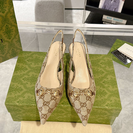 GG MID-HEELED SLINGBACK 4.5 CM IN TAN BEIGE CANVAS