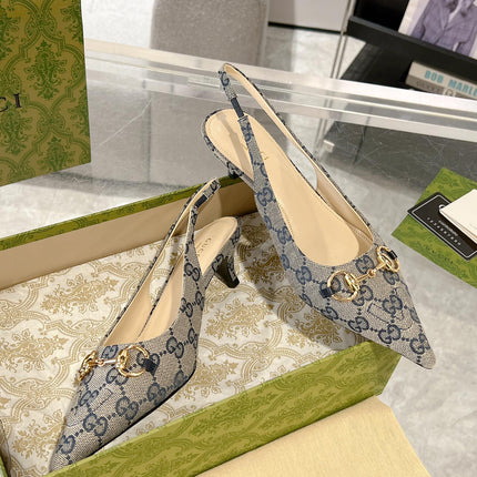 GG MID-HEELED SLINGBACK 4.5 CM IN PALE GRAY CANVAS