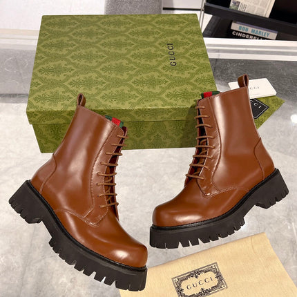 GG WEB ANKLE BOOTS IN CINNAMON BROWN CALFSKIN