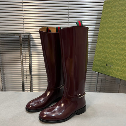 SLIM HORSEBIT KNEE BOOTS WITH WEB IN WINE RED GLOSSY CALFSKIN