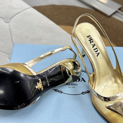 PRADA 25S TRIANGLE LOGO SLINGBACK PUMPS IN GOLD MESH FABRIC