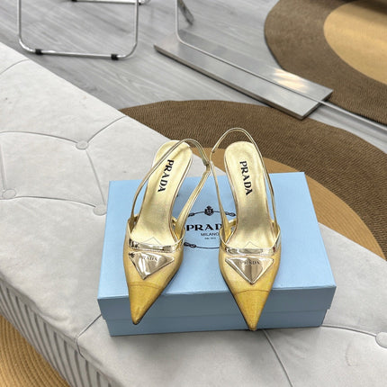 PRADA 25S TRIANGLE LOGO SLINGBACK PUMPS IN GOLD MESH FABRIC