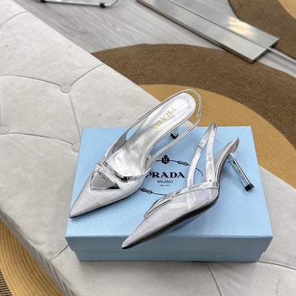 PRADA 25S TRIANGLE LOGO SLINGBACK PUMPS IN SILVER MESH FABRIC