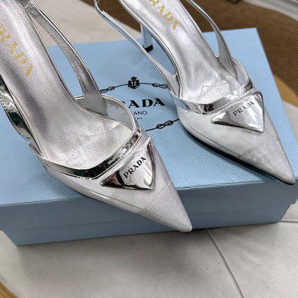 PRADA 25S TRIANGLE LOGO SLINGBACK PUMPS IN SILVER MESH FABRIC