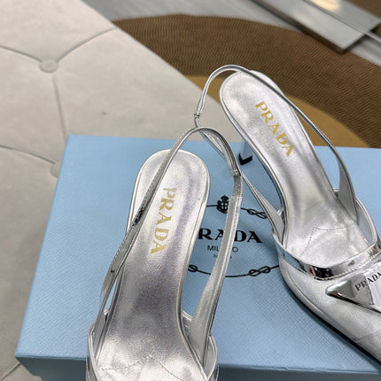 PRADA 25S TRIANGLE LOGO SLINGBACK PUMPS IN SILVER MESH FABRIC