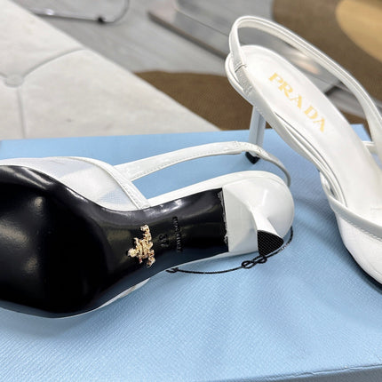 PRADA 25S TRIANGLE LOGO SLINGBACK PUMPS IN WHITE MESH FABRIC