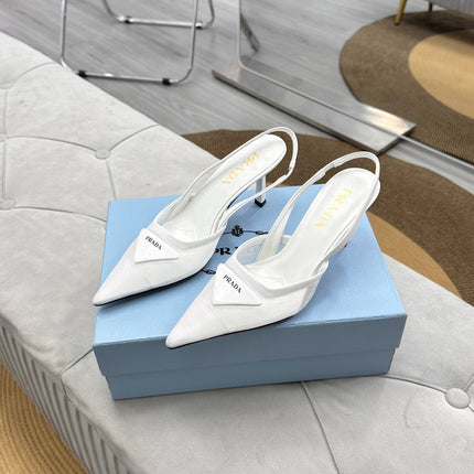 PRADA 25S TRIANGLE LOGO SLINGBACK PUMPS IN WHITE MESH FABRIC