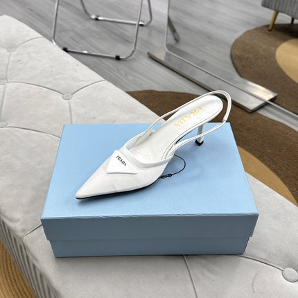 PRADA 25S TRIANGLE LOGO SLINGBACK PUMPS IN WHITE MESH FABRIC
