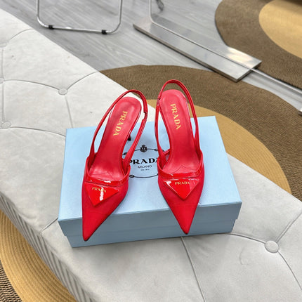 PRADA 25S TRIANGLE LOGO SLINGBACK PUMPS IN RED MESH FABRIC