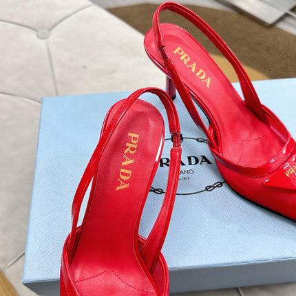 PRADA 25S TRIANGLE LOGO SLINGBACK PUMPS IN RED MESH FABRIC