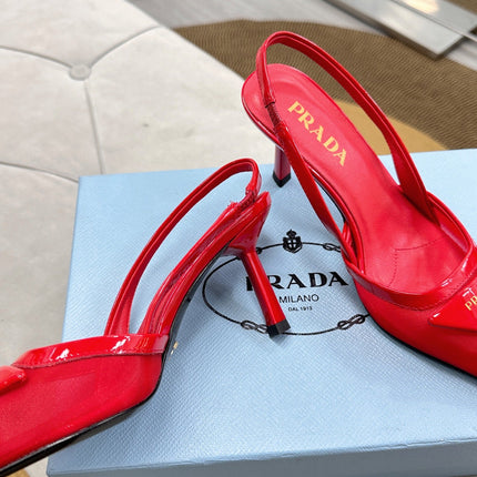 PRADA 25S TRIANGLE LOGO SLINGBACK PUMPS IN RED MESH FABRIC