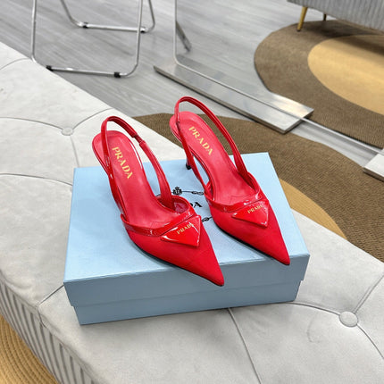 PRADA 25S TRIANGLE LOGO SLINGBACK PUMPS IN RED MESH FABRIC