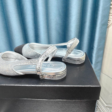 SLINGBACKS IN GLITTER SILVER LAMBSKIN