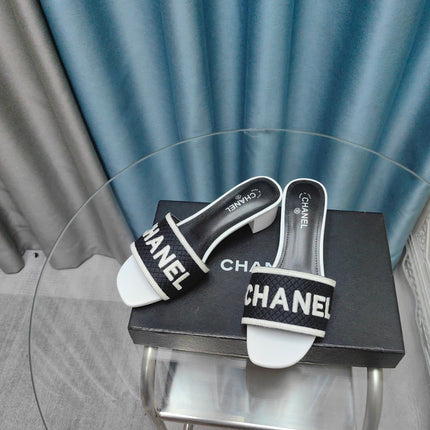 MULE SANDAL 45 WHITE BLACK FABRIC EMBROIDERY