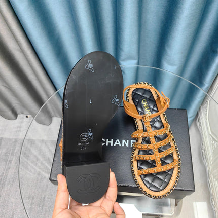 HIGH SANDALS WITH THREE STRAPS IN OCHRE YELLOW CALFSKIN