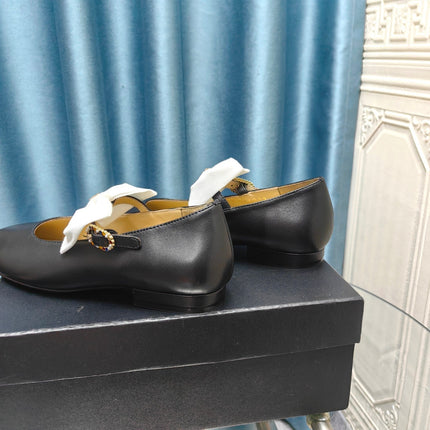 MARY JANE SHOES BLACK SHEEPSKIN WITH WHITE BOW