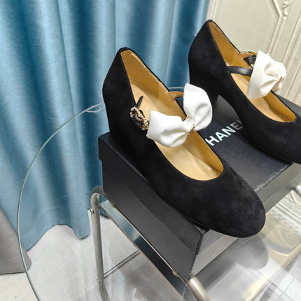 HIGH MARY JANE SHOES BLACK SUEDE WITH WHITE BOW