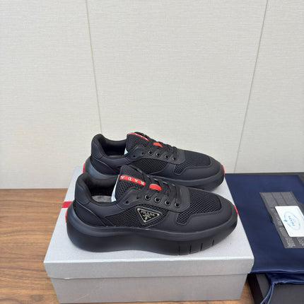 PRADA 25S SPORTY STYLE MEN SNEAKERS LOGO 45MM IN BLACK AND RED CALFSKIN