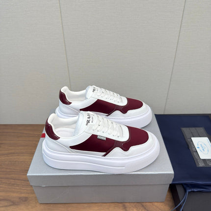PRADA 25S DOWNTOWN BOLD SNEAKERS 45MM IN WHITE AND BURGUNDY CALFSKIN