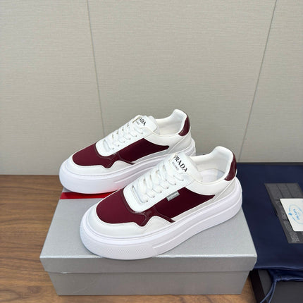 PRADA 25S DOWNTOWN BOLD SNEAKERS 45MM IN WHITE AND BURGUNDY CALFSKIN