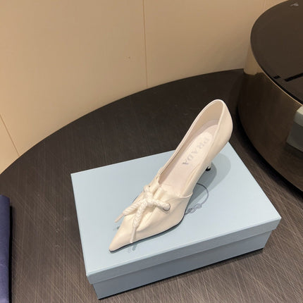 PRADA 25S POINTED TOE HIGH HEELS 85MM IN IVORY LAMBSKIN WITH TIE UP DESIGN