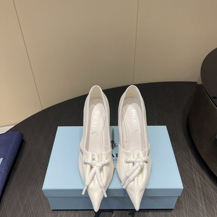 PRADA 25S POINTED TOE HIGH HEELS 85MM IN IVORY LAMBSKIN WITH TIE UP DESIGN