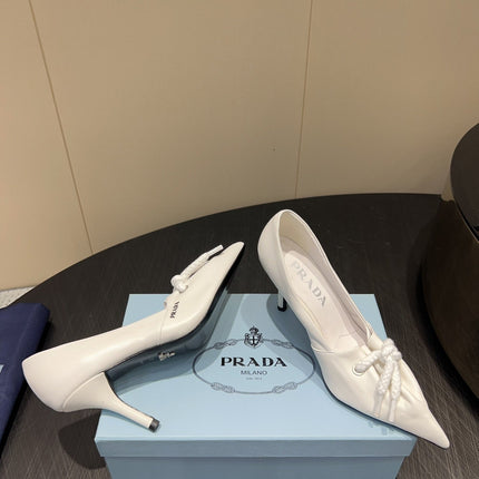 PRADA 25S POINTED TOE HIGH HEELS 85MM IN IVORY LAMBSKIN WITH TIE UP DESIGN