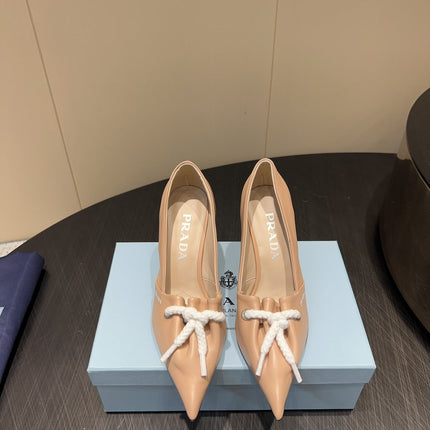PRADA 25S POINTED TOE HIGH HEELS 85MM IN BEIGE LAMBSKIN WITH TIE UP DESIGN