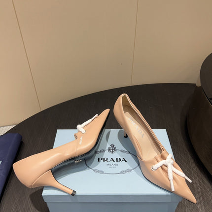 PRADA 25S POINTED TOE HIGH HEELS 85MM IN BEIGE LAMBSKIN WITH TIE UP DESIGN