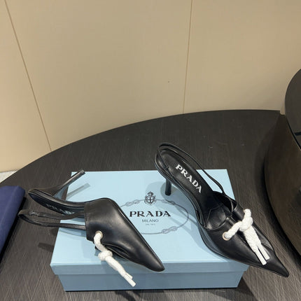 PRADA 25S POINTED TOE SLINGBACK 85MM IN BLACK LAMBSKIN WITH TIE UP DESIGN