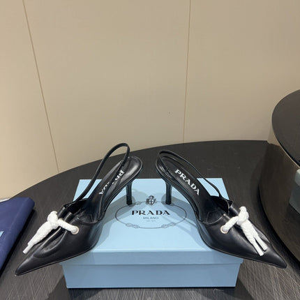 PRADA 25S POINTED TOE SLINGBACK 85MM IN BLACK LAMBSKIN WITH TIE UP DESIGN