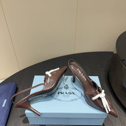 PRADA 25S POINTED TOE SLINGBACK 85MM IN DARK BROWN LAMBSKIN WITH TIE UP DESIGN