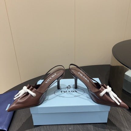 PRADA 25S POINTED TOE SLINGBACK 85MM IN DARK BROWN LAMBSKIN WITH TIE UP DESIGN