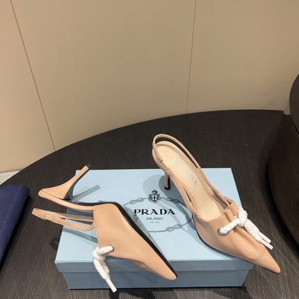 PRADA 25S POINTED TOE SLINGBACK 85MM IN BEIGE LAMBSKIN WITH TIE UP DESIGN
