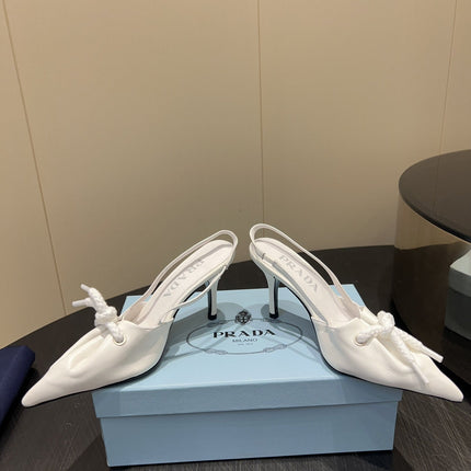 PRADA 25S POINTED TOE SLINGBACK 85MM IN WHITE LAMBSKIN WITH TIE UP DESIGN