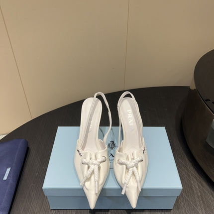 PRADA 25S POINTED TOE SLINGBACK 85MM IN WHITE LAMBSKIN WITH TIE UP DESIGN