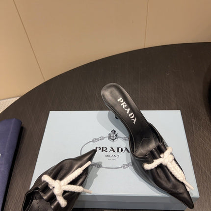 PRADA 25S BRAIDED DETAIL MULES 85MM IN BLACK CALFSKIN