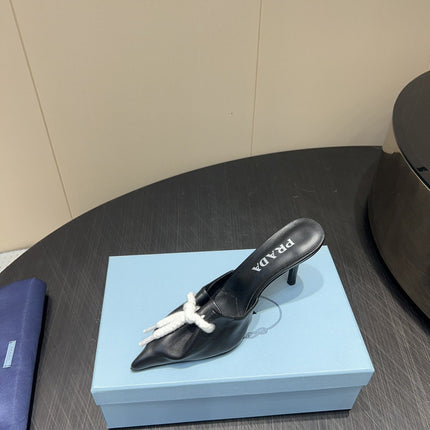 PRADA 25S BRAIDED DETAIL MULES 85MM IN BLACK CALFSKIN