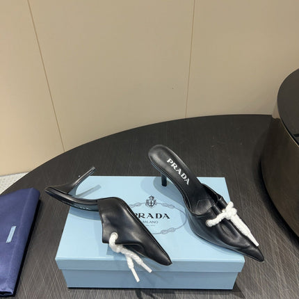 PRADA 25S BRAIDED DETAIL MULES 85MM IN BLACK CALFSKIN