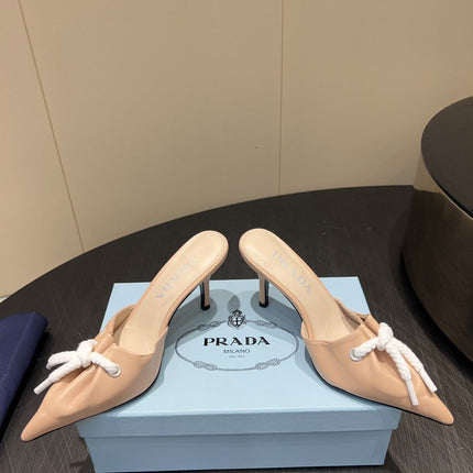 PRADA 25S BRAIDED DETAIL MULES 85MM IN BEIGE CALFSKIN