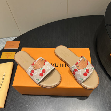 LV SLIDE SANDALS 25S IN BEIGE DENIM AND CALFSKIN WITH LOGO PRINT