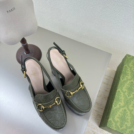 GG WOMEN'S HORSEBIT PLATFORM LOAFER SLINGBACK IN UNIFORM GREEN EMBOSSED CALFSKIN