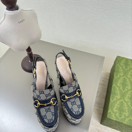 GG WOMEN'S HORSEBIT PLATFORM LOAFER SLINGBACK IN BEIGE AND BLUE CANVAS