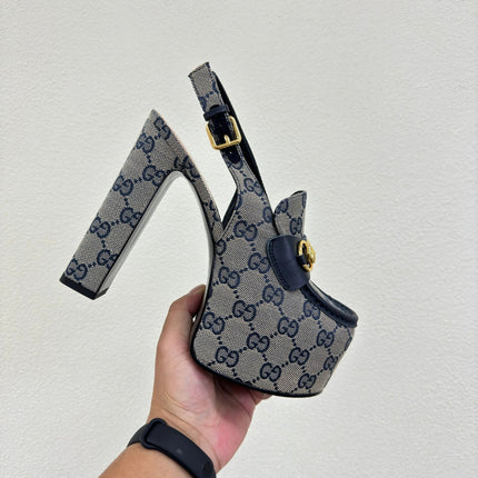 GG WOMEN'S HORSEBIT PLATFORM LOAFER SLINGBACK IN BEIGE AND BLUE CANVAS