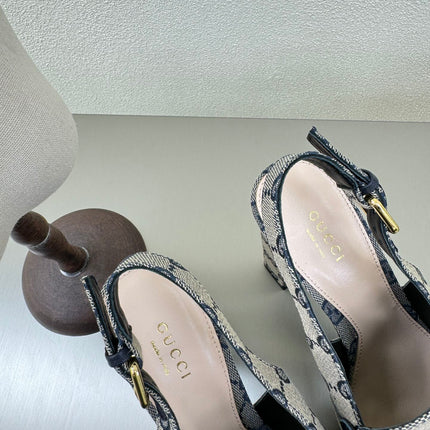 GG WOMEN'S HORSEBIT PLATFORM LOAFER SLINGBACK IN BEIGE AND BLUE CANVAS