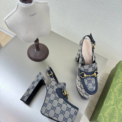 GG WOMEN'S HORSEBIT PLATFORM LOAFER SLINGBACK IN BEIGE AND BLUE CANVAS