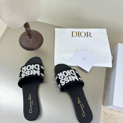 DWAY SLIDE EMBROIDERED COTTON AND BLACK MISS DIOR ALLOVER MOTIF
