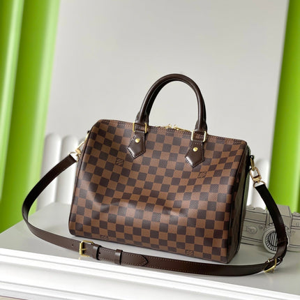 SPEEDY BANDOLIÈRE 30 IN DARK BROWN DAMIER EBENE CANVAS GOLD LOCK